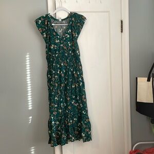 Dark green long dress with ruffle detail